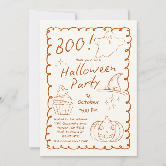 Orange Trendy Hand Drawn Sketchy Halloween-Party Einladung (Vorderseite)