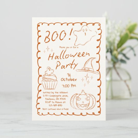 Orange Trendy Hand Drawn Sketchy Halloween-Party Einladung (Stehend Vorderseite)