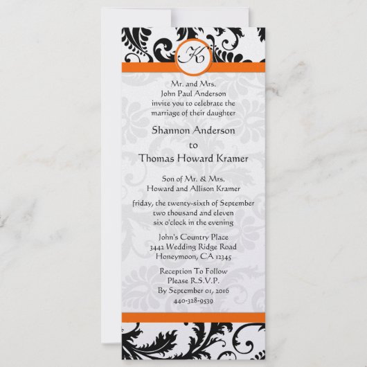 Orange Trim Black and White Damask Wedite Einladun Einladung (Vorderseite)