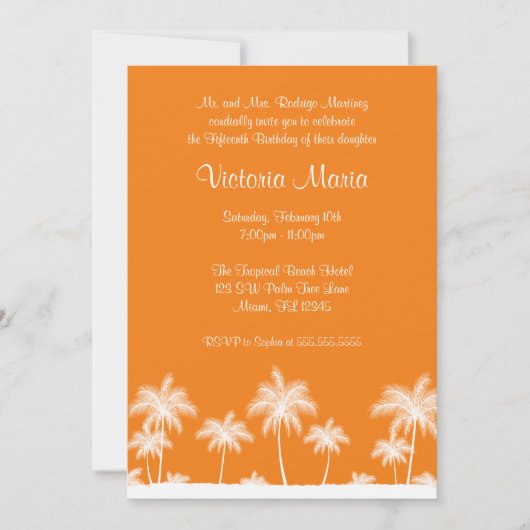 Orange Tropical Beach Palm Tree Quinceanera Party Einladung (Vorderseite)