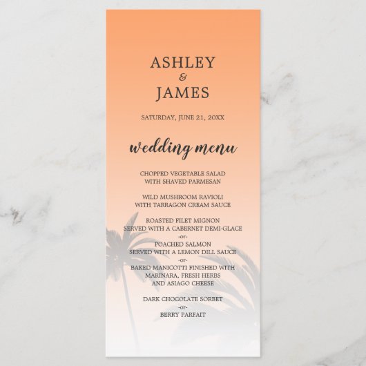 Orange Tropical Palm Tree Beach Hochzeit Menükarte (Vorderseite)