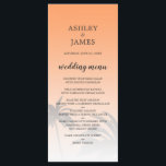 Orange Tropical Palm Tree Beach Hochzeit Menükarte<br><div class="desc">Elegantes Hochzeit in Urlaubsort-Menü mit tropischem Palmendesign auf einem hellen orangefarbenen Hintergrund mit elegantem Drehbuch und moderner Typografie. Die Papaya-Orange verblasst auf einem weißen Hintergrund. Fügen Sie einfach Ihre Hochzeitsdetails zu diesem stilvollen tropischen Hochzeitsmenü am Strand hinzu. Exklusiv für Sie entworfen von Happy Dolphin Studio.</div>
