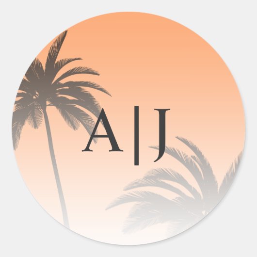 Orange Tropical Palm Tree Beach Monogram Wedding Runder Aufkleber (Vorderseite)