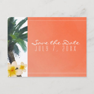 Orange Tropical Palm Tree & Plumeria Save the Date Ankündigungspostkarte