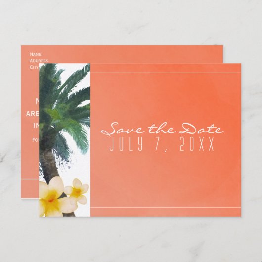 Orange Tropical Palm Tree & Plumeria Save the Date Ankündigungspostkarte (Vorne/Hinten)