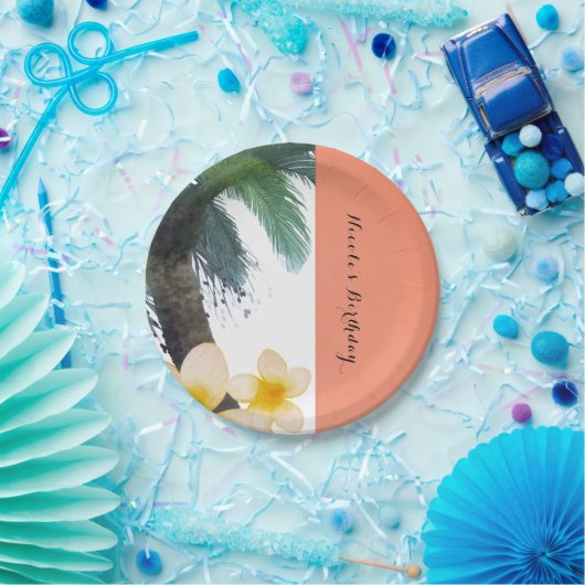 Orange Tropical Palm Tree & Plumeria Summer Party Pappteller (Party)