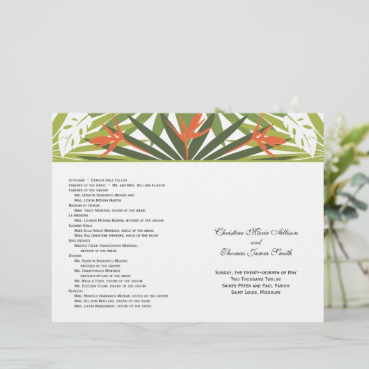 Orange Tropical Wedding Program (Stehend Vorderseite)