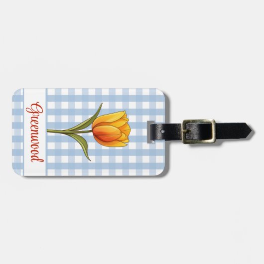Orange Tulip, Blue Gingham, Custom Gepäckanhänger (Vorderseite horizontal)