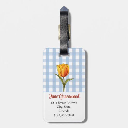 Orange Tulip, Blue Gingham, Custom Gepäckanhänger (Rückseite vertikal)