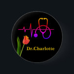 Orange Tulip Heartbeat Stethoscope Medical Button<br><div class="desc">Orange Tulip Heartbeat Stethoscope Medical Button feature a beautiful single orange tulip, stylish stethoscope graphic , heartbeat and a stylish name template in black background.A perfekt design for Doctors , nurse , health worker or for medical staff .Please click 1 button to customize it with your text .kindly visit my...</div>