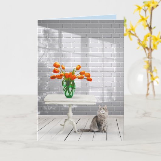 Orange Tulips mit Cat Get Well Karte (Gelbe Blume)