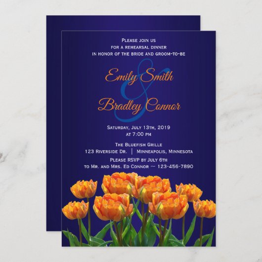 Orange Tulips on Navy Blue Custom Probe Dinner Einladung (Vorne/Hinten)