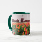 Orange Tulpe-Blumen-Feld u. Windmühle Holland Tasse (Vorderseite Links)