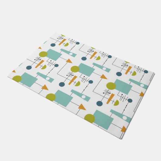 Orange Türkis Grüne Formen Linien Mitte des Jahrhu Fußmatte (Schrägansicht)