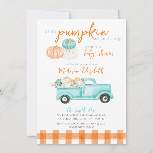 Orange & Türkis Pumpkin Truck Kinderdusche Einladung (Vorderseite)