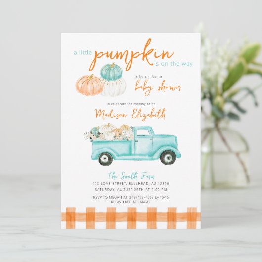 Orange & Türkis Pumpkin Truck Kinderdusche Einladung (Stehend Vorderseite)