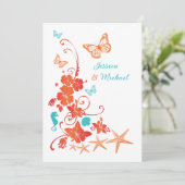 Orange, Türkis, Weiße Hochzeit in Urlaubsort Einladung (Stehend Vorderseite)