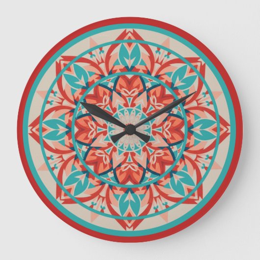 Orange & Turquoise Boho Mandala Large Clock Große Wanduhr (Vorderseite)