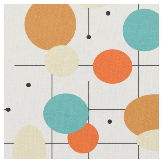 Orange Turquoise Circles Lines Mid Century Moderne Stoff (Nahaufnahme)