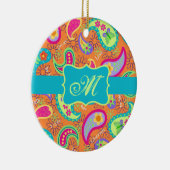 Orange Turquoise Modern Paisley Pattern Monogram Keramik Ornament (Rechts)