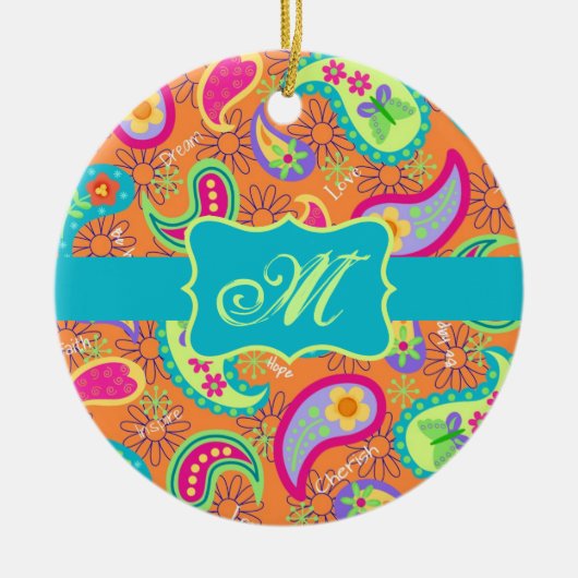 Orange Turquoise Modern Paisley Pattern Monogram Keramik Ornament (Vorne)