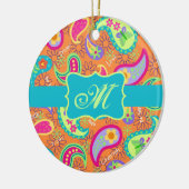 Orange Turquoise Modern Paisley Pattern Monogram Keramik Ornament (Links)
