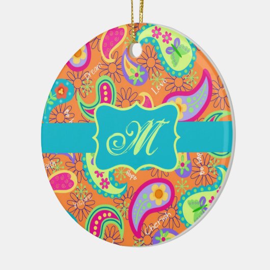 Orange Turquoise Modern Paisley Pattern Monogram Keramik Ornament (Links)