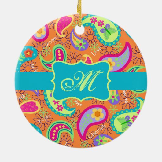 Orange Turquoise Modern Paisley Pattern Monogram Keramik Ornament (Hinten)