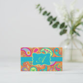 Orange Turquoise Modern Paisley Pattern Monogram Visitenkarte (Stehend Vorderseite)
