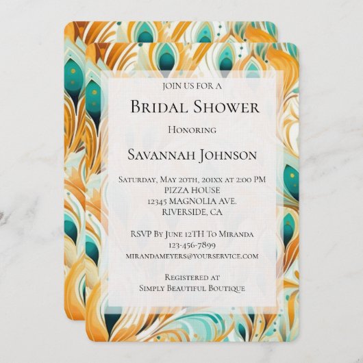 Orange Turquoise Peacock Feathers Brautparty Einladung (Vorne/Hinten)