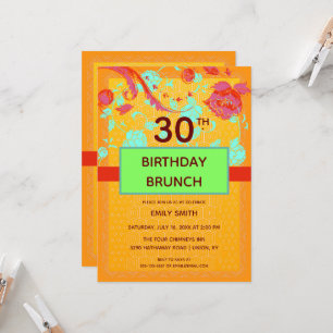 Orange Turquoise Trendy Peony Birthday Brunch Einladung
