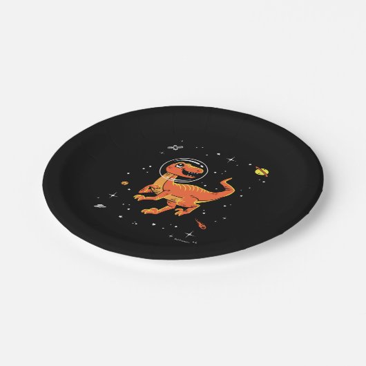Orange Tyrannosaurus Dinos im Weltraum Pappteller (Schrägansicht)