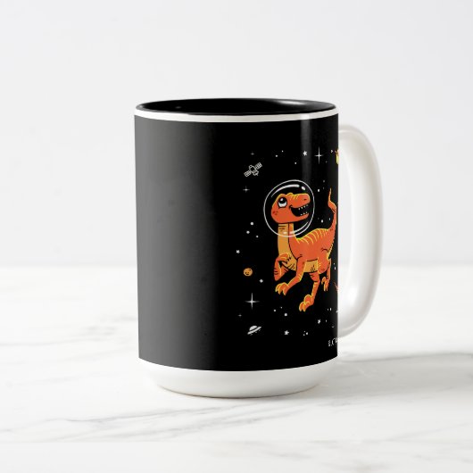Orange Tyrannosaurus Dinos im Weltraum Zweifarbige Tasse (VorderseiteRechts)