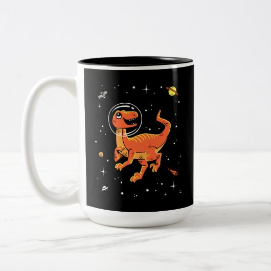 Orange Tyrannosaurus Dinos im Weltraum Zweifarbige Tasse (Links)