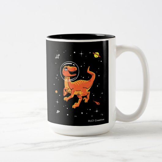 Orange Tyrannosaurus Dinos im Weltraum Zweifarbige Tasse (Rechts)