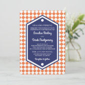 Orange u. karierte Hochzeits-Einladung des Blau-| Einladung (Stehend Vorderseite)