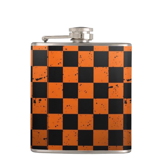 Orange u. schwarzes Schachbrett-Vinyl Flachmann (Vorderseite)