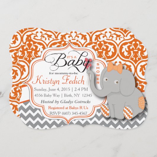 Orange u. Zickzack Elefant-Baby-Dusche laden ein Einladung (Vorne/Hinten)
