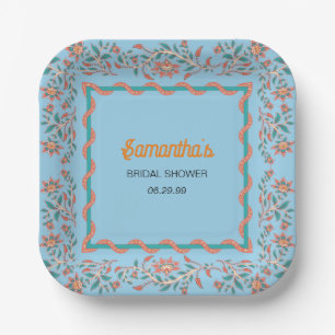Orange und Aqua Blue Floral Brautparty Pappteller