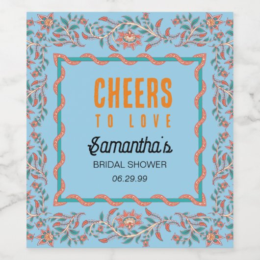 Orange und Aqua Blue Floral Brautparty Weinetikett (Einzelnes Label)
