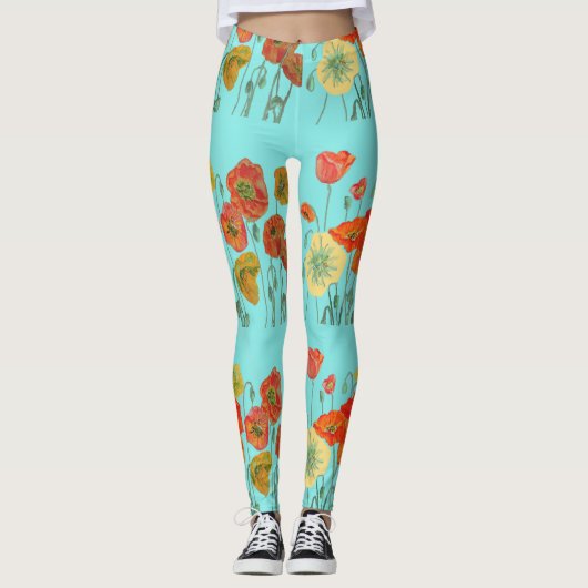 Orange und Aqua Poppy Leggings (Vorderseite)