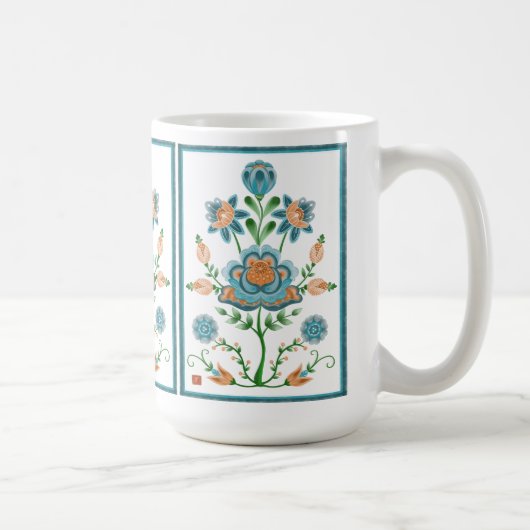 Orange und aquamarine Volkskunst-Blume Kaffeetasse (Rechts)