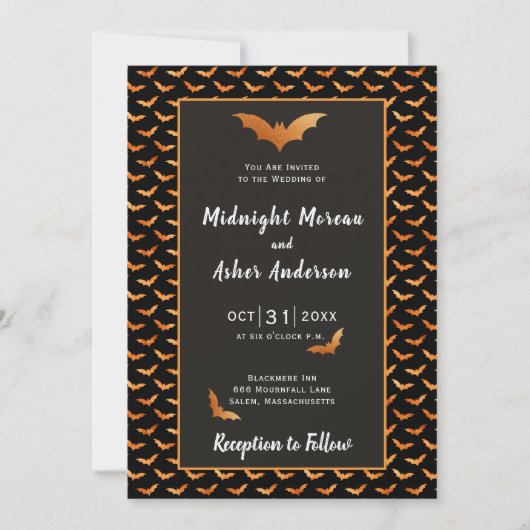 Orange und Black Bat Halloween Hochzeit Einladung (Vorderseite)