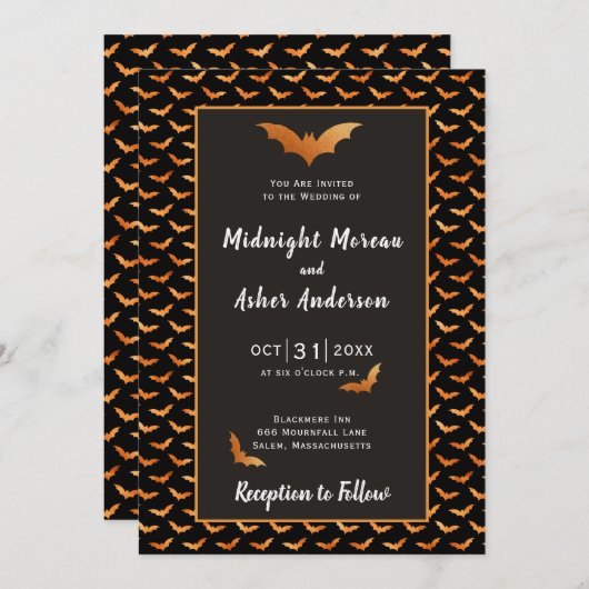 Orange und Black Bat Halloween Hochzeit Einladung (Vorne/Hinten)
