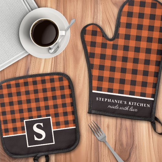 Orange und Black Gingham Kariertes Schachbrett Mit Ofenhandschuh & Topflappen-Set