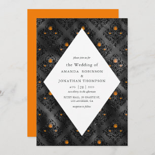 Orange und Black Glam Imitate Foil Damask Wedding Einladung