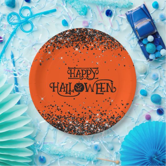 Orange und Black Glitzer Happy Halloween Pappteller (Party)