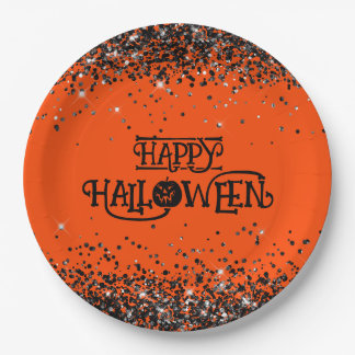 Orange und Black Glitzer Happy Halloween Pappteller