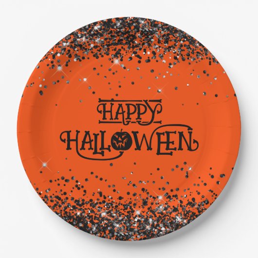 Orange und Black Glitzer Happy Halloween Pappteller (Vorderseite)