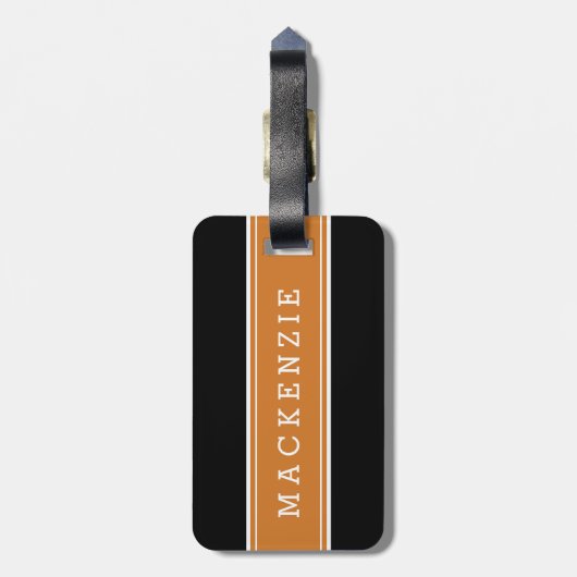 Orange und Black Rugby Strip Custom Monogram Gepäckanhänger (Rückseite vertikal)